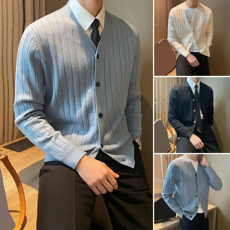 Kardigan s jednim kopčanjem, muški pleteni džemper s V izrezom, kaput za jesen i zimu, debeli, topli ležerni pulover otporan na vjetar