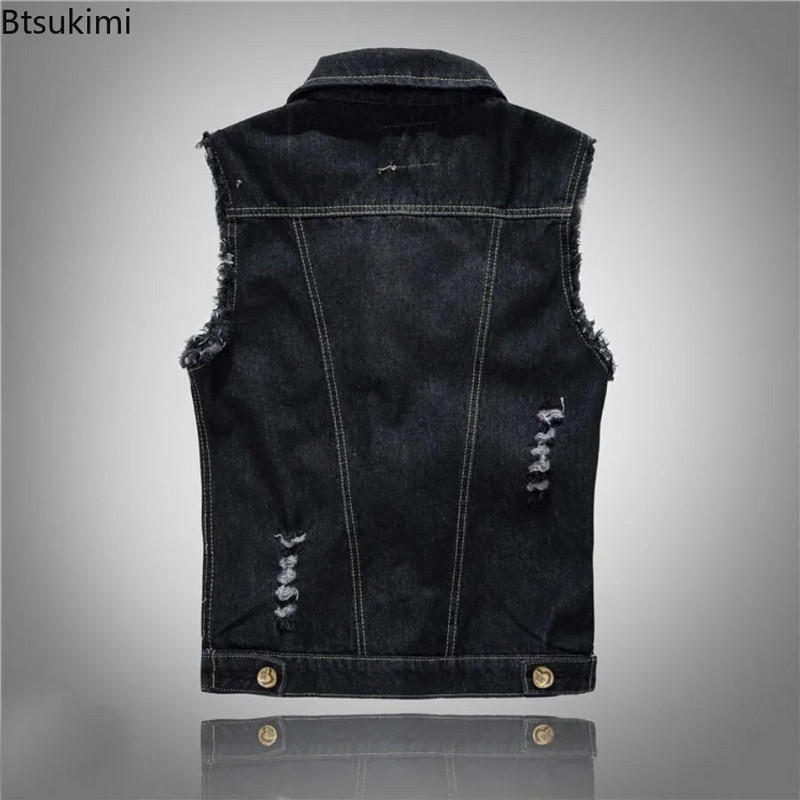 2024 m. vyriški madingi džinsai, berankovio striukės liemenė, vyriška juoda mėlyna džinsinė džinsinė liemenė.