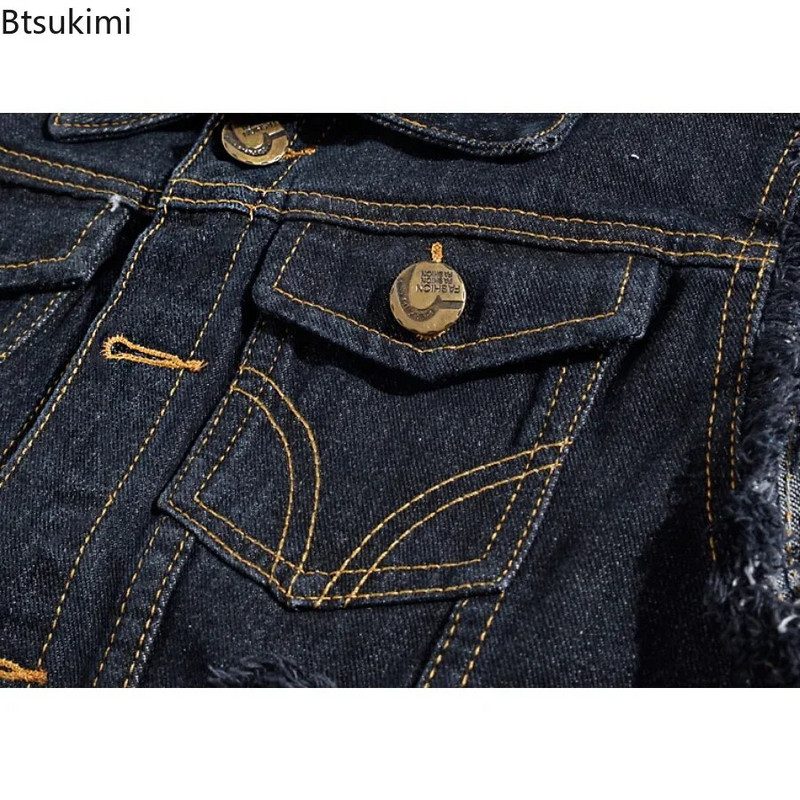 2024 m. vyriški madingi džinsai, berankovio striukės liemenė, vyriška juoda mėlyna džinsinė džinsinė liemenė.