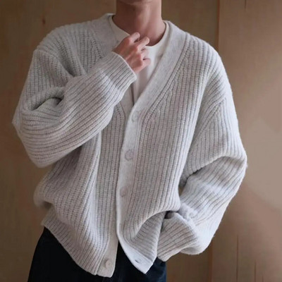 Winter Fall Men Cardigan Sweater Single-breasted V Neck Buttons Thick Knitted Long Sleeve Solid Elastic Warm Casual Sweater Coat