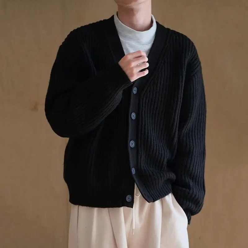 Zima Jesen Muški kardigan džemper s jednorednim kopčanjem s V izrezom i gumbima Debeli pleteni dugih rukava Jednobojni elastični topli ležerni džemper kaput