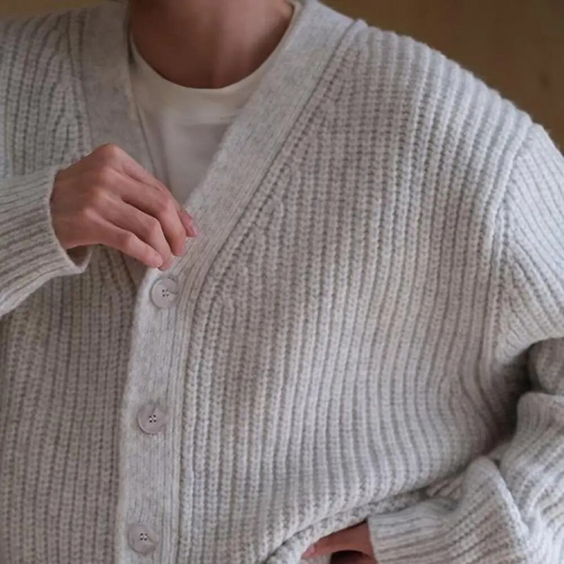 Zima Jesen Muški kardigan džemper s jednorednim kopčanjem s V izrezom i gumbima Debeli pleteni dugih rukava Jednobojni elastični topli ležerni džemper kaput