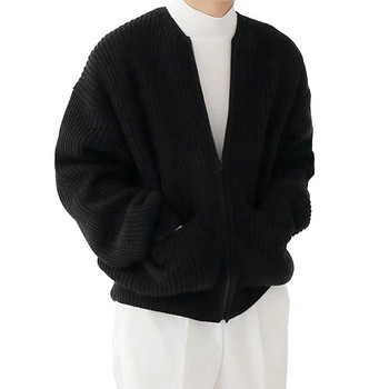 Мъжка плетена жилетка с цип, подплатена с фуния, пуловер с джобове, палто с джобове, всесезонно, удобно, меко, с дълъг ръкав