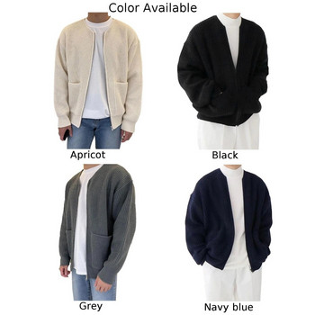 Мъжка плетена жилетка с цип, подплатена с фуния, пуловер с джобове, палто с джобове, всесезонно, удобно, меко, с дълъг ръкав