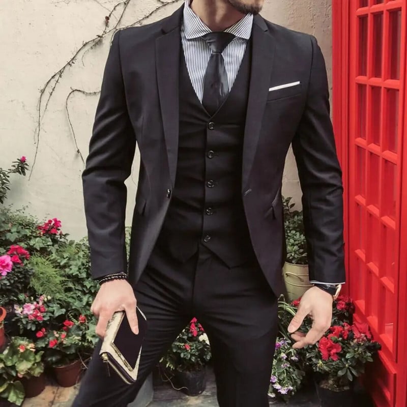 Férfi mellény öltöny kabát nadrág formális üzleti vőlegény kabát mellény nadrág szett egyenes lehajtható gallérral ránctalanító vőlegény esküvői öltöny