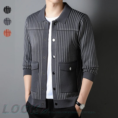 Men`s Autumn/Winter Knitted Cardigan with Bold Striped Pattern Cardigan  Men Clothing