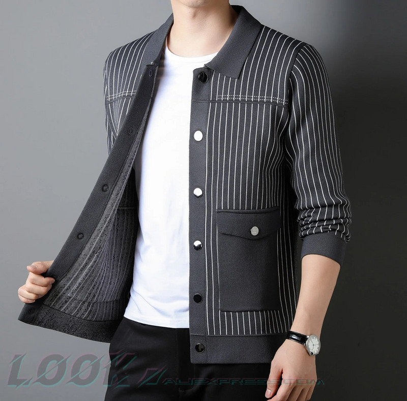 Muški jesensko-zimski pleteni kardigan s jakim prugastim uzorkom Kardigan muška odjeća