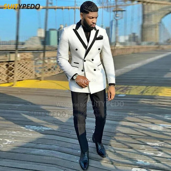 Μόδα Λευκά Ανδρικά Κοστούμια Slim Fit Παντελόνι Blazer με διπλό στήθος 2 τεμαχίων Προσαρμοσμένα πολυτελή επαγγελματικά πάρτι ανδρικά σμόκιν