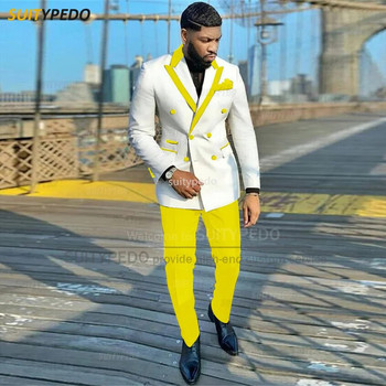 Μόδα Λευκά Ανδρικά Κοστούμια Slim Fit Παντελόνι Blazer με διπλό στήθος 2 τεμαχίων Προσαρμοσμένα πολυτελή επαγγελματικά πάρτι ανδρικά σμόκιν