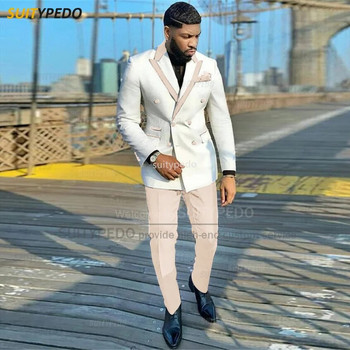 Модни бели мъжки костюми Slim Fit двуредни блейзър панталони 2 части, изработени по поръчка луксозни бизнес парти сватбени смокинги за мъже