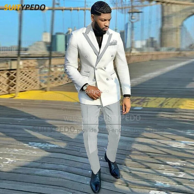 Modna bijela muška odijela, uski sakoi s dvostrukim kopčanjem, 2 komada, luksuzni vjenčani smokingi za poslovne zabave po mjeri za muškarce