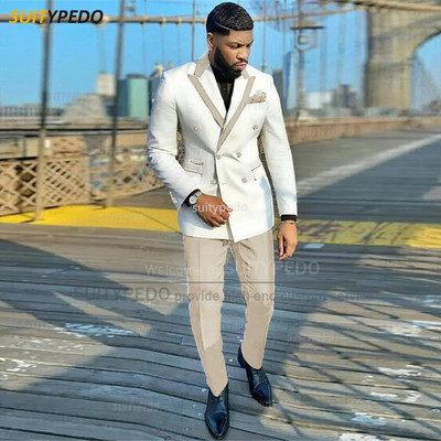 Modna bijela muška odijela, uski sakoi s dvostrukim kopčanjem, 2 komada, luksuzni vjenčani smokingi za poslovne zabave po mjeri za muškarce