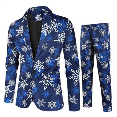 2 kom./komplet Muška jakna Hlače Odijelo Crtići Djeda Mraza Snježne pahulje Print Muška jakna Komplet hlača Muški novogodišnji kaput Set hlača