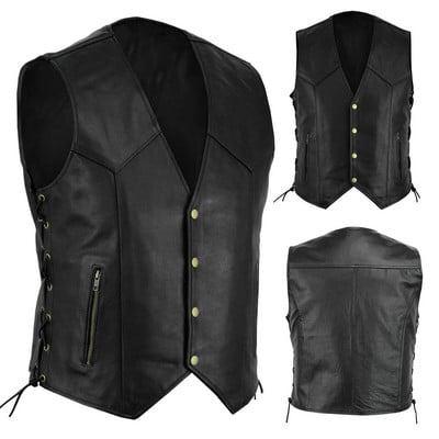 Men Fashion Casual Solid Vest Motorcycle Fleet Punk Leather Vest Coat Vest