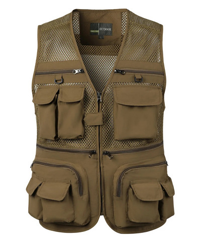 Laisvalaikio vyriška liemenė V formos kaklo užtrauktukas Plonas krovininis liemenės striukė, kelios kišenės be rankovių tinklinis paltas rudens karštam darbui gatvės apranga