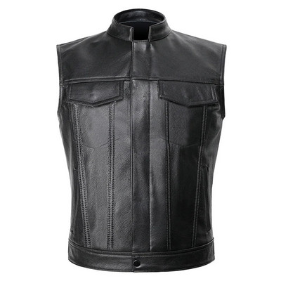 Trendy Men\`s Sleeveless Waistcoat in Faux Leather with Stand Collar Ideal for Club Motorcycle Biker Cut Off Style