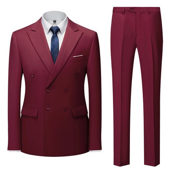 Едноцветен двуреден костюм от две части Мъжко модно тънко сако с панталон Сватбени, бизнес мъжки комплекти Червен Син Зелен