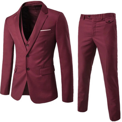 Costum de nuntă roșu vin Seturi de 3 piese Îmbrăcăminte de mire pentru bărbați smoking Costum formal de afaceri pentru bărbați Blazere Jachetă + Pantalon + Vestă Tomeni de onoare