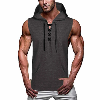 Ново облекло за спортни зали Мъжки бодибилдинг потник с качулка Soild Color Sleeveless Sweatshirt Sweatshirt Fitness Workout Sportswear Tops Men