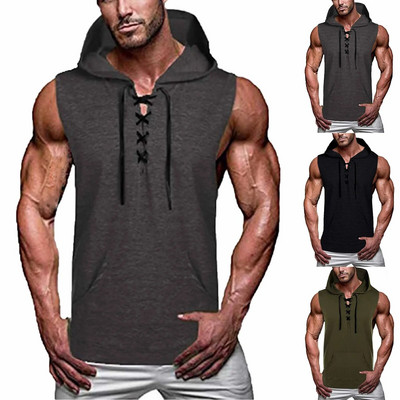 New Gyms Clothing Mens Bodybuilding Hooded Tank Top Soild Color Sleeveless Vest Sweatshirt Fitness Workout Sportswear Tops Male