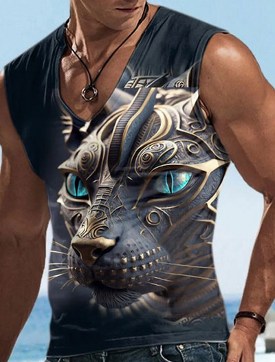 2023 г. Нова мъжка тениска 3D Saint Beast Cat Printed Суичър Горна част Лятна V-образна деколте Ежедневни мъжки спортни облекла с къси ръкави Four Seasons