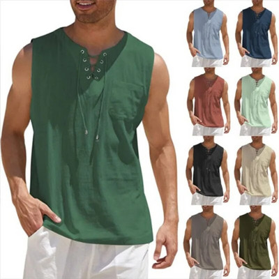 Men`s Sleeveless Solid Color Oversized S-4XL Men`s Loose Cotton Linen Vest Summer Men`s Tie Pocket Solid Color OL T-Shirt Men