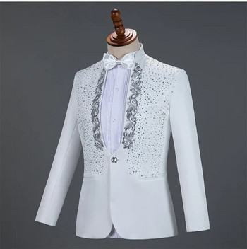 Бели искрящи кристали Мъжки костюми с бродерия с панталони Сватбен смокинг за младоженеца Мъжки сценичен костюм с яка и стойка Homme Mariage