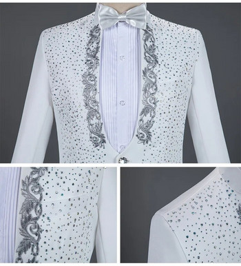 Λευκά Sparkly Crystals Κέντημα Ανδρικά Κοστούμια με Παντελόνι Γαμπρός Γάμου Σμόκιν Κοστούμι ανδρικό γιακά Stage Στολή Homme Mariage