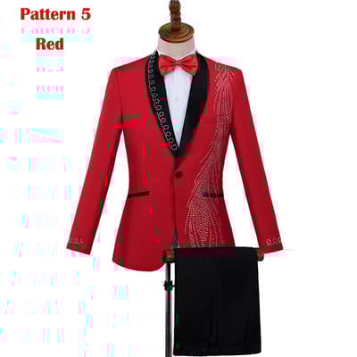 Balti blizgantys kristalai, siuvinėjimas, vyriški kostiumai su kelnėmis Vestuvių jaunikiui smokingo kostiumas vyrams stovi apykakle Scenos kostiumas Homme Mariage