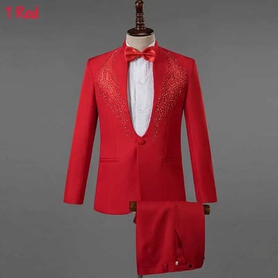 Balti blizgantys kristalai, siuvinėjimas, vyriški kostiumai su kelnėmis Vestuvių jaunikiui smokingo kostiumas vyrams stovi apykakle Scenos kostiumas Homme Mariage