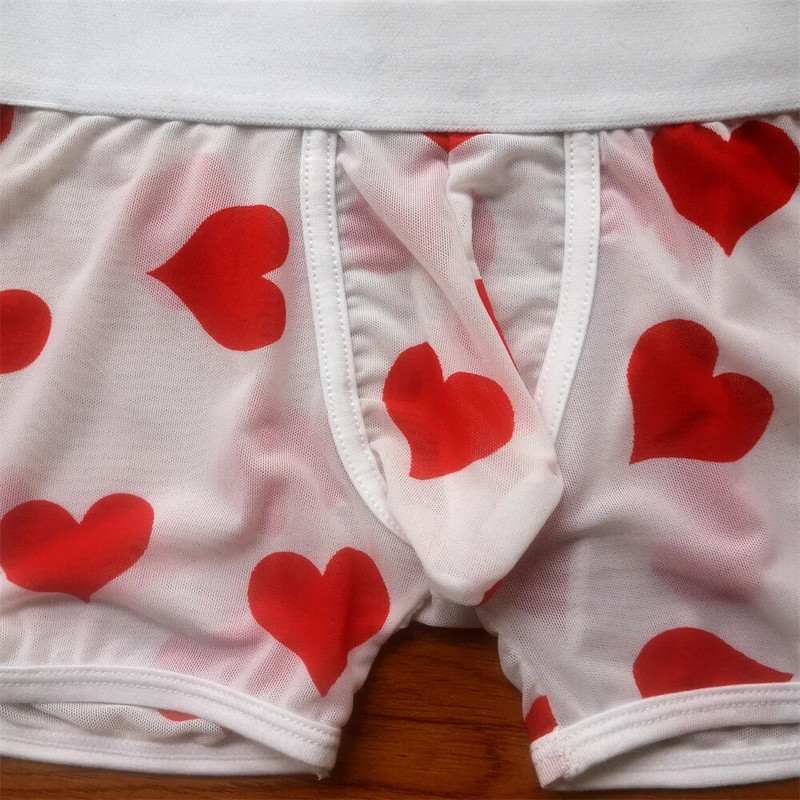 Seksualūs permatomi tinkliniai bokseriai permatomas vyrams Erotinės apatinės kelnaitės Mielos "širdelės" margintos vyriškos kelnaitės šortai