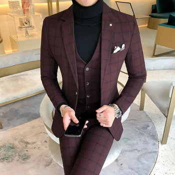 Μπλέιζερ και γιλέκο και παντελόνι / Boutique Fashion καρό Ανδρικό casual επαγγελματικό κοστούμι 3τμχ Σετ Γαμπρός Νυφικό Performance Στολή
