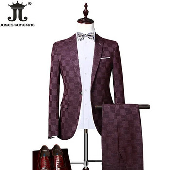 (Сако+жилетка+панталон) Бутикова мода кариран мъжки ежедневен бизнес офис костюм Комплект от три части Булчинска рокля на младоженеца Тесни костюми