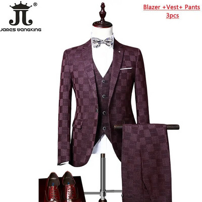 ( Jakna+prsluk+hlače ) Butik modno karirano muško ležerno poslovno uredsko odijelo Trodijelni komplet Mladoženjina vjenčanica Uska odijela