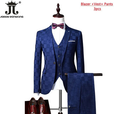( Jakna+prsluk+hlače ) Butik modno karirano muško ležerno poslovno uredsko odijelo Trodijelni komplet Mladoženjina vjenčanica Uska odijela