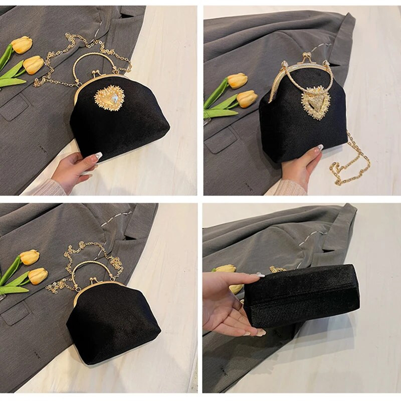 Ženska luksuzna zlatna baršunasta večernja torbica s kopčom Dizajn bisernog srca Izvrsna torba s lancem preko ramena Retro torbica s metalnom ručkom