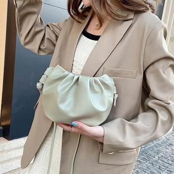 Дамска чанта през рамо Малка кожена чанта през рамо Дамска едноцветна дамска чанта с гофриран дизайн Мини чанта с цип Cloud Bag