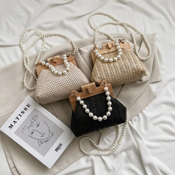 Ръчни чанти със сламена дървена брава Дамска перлена чанта през рамо Модни портмонета и чанти Луксозна дизайнерска чанта през рамо Голяма чанта клъч