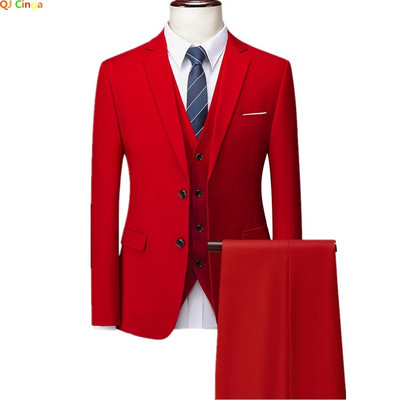 Puhta värvi ülikond 3-osaline meeste pulmakleit jope vest püksid mood Slim Fit bleiser vest püksid punane sinine roheline