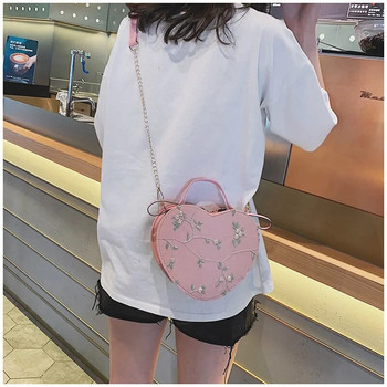 Женски сладки кръгли дамски чанти със сърце от дантела Висококачествени чанти през рамо от PU кожа за жени Малки чанти през рамо с вериги от свежи цветя