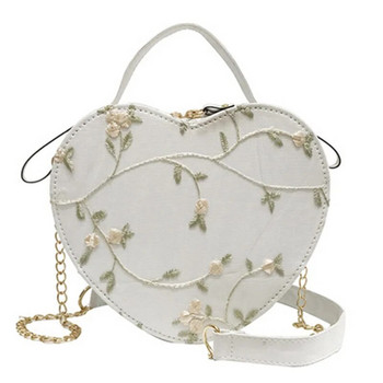 Женски сладки кръгли дамски чанти със сърце от дантела Висококачествени чанти през рамо от PU кожа за жени Малки чанти през рамо с вериги от свежи цветя