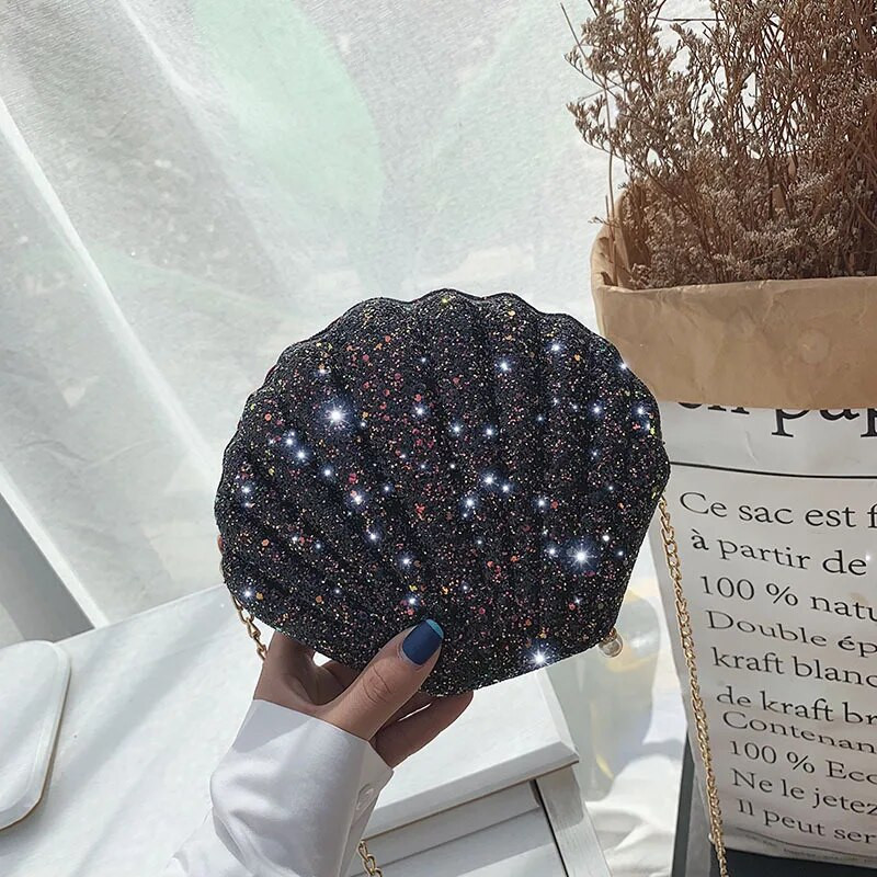 Designer Luxus táska Láncos flitteres válltáska Női Pu Kézitáskák Aranyos Shell alakú pénztárca Mini nyári kuplung estélyi táska