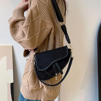 Дамска ретро едноцветна седлова чанта Женска сладка готина тъкана чанта през рамо Модерна дамска чанта за рамо