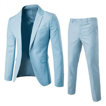 1 комплект мъжки блейзър панталони, едноцветен, дълъг ръкав, тънка форма, отложна яка, темперамент, джобове с едно копче, комплект мъжки дрехи