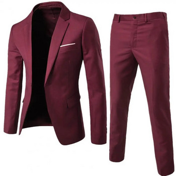 1 комплект мъжки блейзър панталони, едноцветен, дълъг ръкав, тънка форма, отложна яка, темперамент, джобове с едно копче, комплект мъжки дрехи