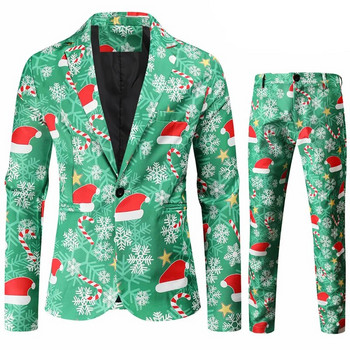 2024 г. Нов мъжки коледен костюм от две части с щампи (сако + панталон) Стилен комплект мъжки блейзър/палто с панталон Черен Зелен Син 4xl