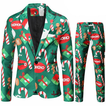 2024 г. Нов мъжки коледен костюм от две части с щампи (сако + панталон) Стилен комплект мъжки блейзър/палто с панталон Черен Зелен Син 4xl