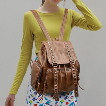 Луксозна висококачествена дамска раница от PU кожа Модна дамска чанта за през рамо с нитове и голям капацитет Дамска раница против кражба