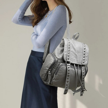 Луксозна висококачествена дамска раница от PU кожа Модна дамска чанта за през рамо с нитове и голям капацитет Дамска раница против кражба
