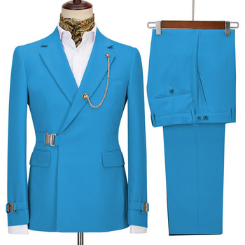 Ανδρικά κοστούμια 2 τεμαχίων μόδας Κοστούμια με μεταλλικό κουμπιά πέτο Business Casual σακάκι Κομψό νυφικό φόρεμα (Blazer+Pants)